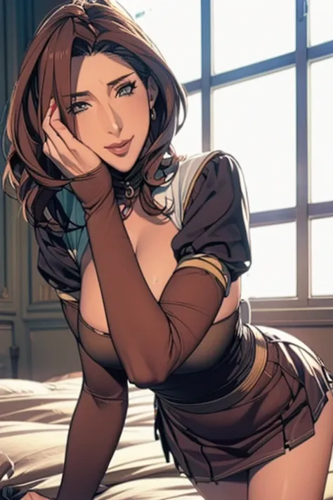 Highest quality, 4K, Ultra Highest Definition, Highest Resolution, Masterpiece, (Mature adult woman) ((One human horny lewd female swordsman)) (Mature adult woman). Brown hair. Straight, long hair down to the waist, wavy (()) () Long eyelashes, narrow, upt...