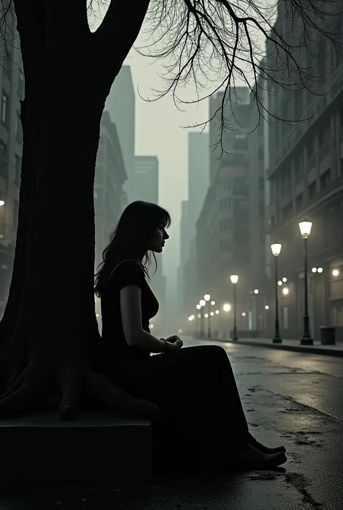 Realistic photo. The woman shadow sitting near the tree in a dark city. Black and white