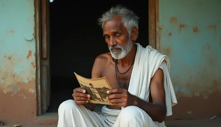 a portrait A An elderly Tamil man in a simple white dhoti, sitting alone on his house steps, looking at an old photo with teary eyes.
