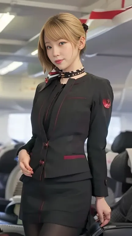 （（（super image quality）））、（（Highest quality））、（masterpiece）、8k、exhaustive、One Woman、Her hair is blonde.、Standing in flight attendant uniform、 boobs、 full body image、nsfw、Black Lace Panties、Panties are visible through pantyhose、sexy pose where you can hold ...