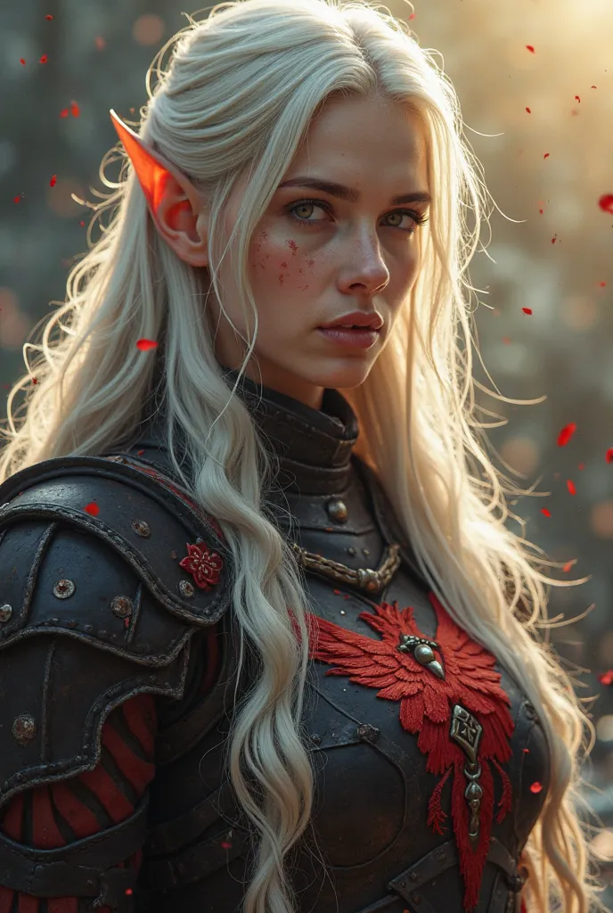 Picture a handsome elf from the world of warcraft, long white hair, that develop in the wind.  long elven ears . The eyes are glowing with golden light,  is like magic . She is wearing black red armor, and there's a red phoenix on my chest. Picture a femal...