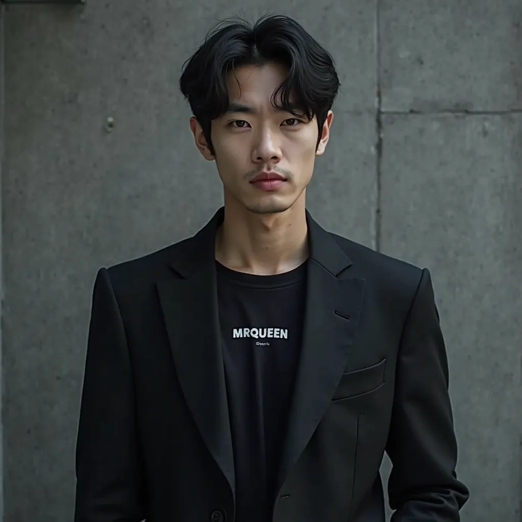 a young korean man standing in front of the wall.The individual is wearing a black suit over a black shirt with the word “MRQUEEN ” on it. In portrait captures 