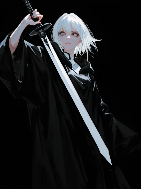 White haired girl holding a murim wuxia sword, The image uses only black and white colors 