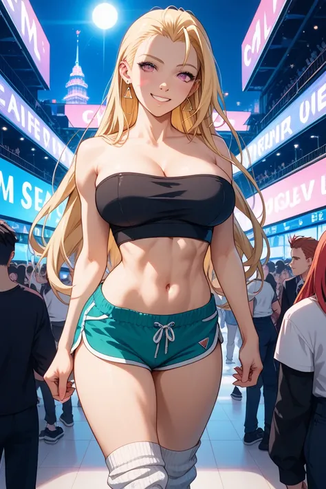  girls on the left, fit girl, KJOmarin, blond hair, long hair, pink eyes, earrings,  ear piercing,  multicolored hair,  score_9,  score_8_up,  score_7_up,  source_anime, masterpiece,Highest quality, Big Breasts, Fancy fixes,black tube top, white dolphin sh...