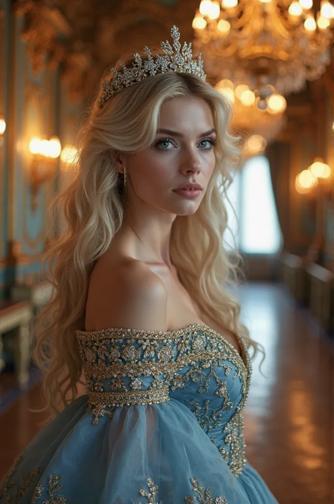 "A beautiful noblewoman with long, wavy blonde hair and striking blue eyes, wearing an elegant blue gown adorned with gold details and intricate jewelry. A delicate tiara rests on her head, complementing her regal appearance. The warm glow of candlelight r...