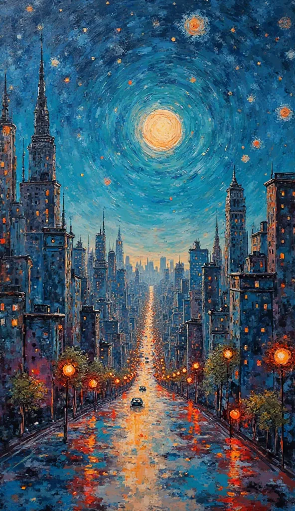 high quality, 8K Ultra HD, highly detailed, Abstraction, Oil, Sketch, Big city landscape made of starry sky, Cubism, Brush, Palette, Pigment, Stroke, Contrast, Depth, Creativity, Imagination, Ceramic, Cerulean, Vermilion, Impasto, Glaze, Grayscale, Fauvism...