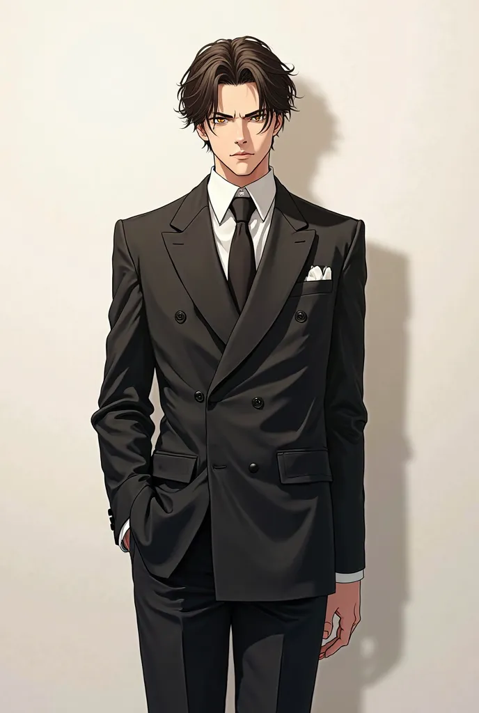 Straight-bodied man standing upright, straight dark brown hair, Golden brown eyes , Wearing a black suit , Manhwa character 