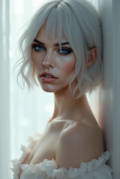 Most erotic image you can think about of a woman with short silver hair 