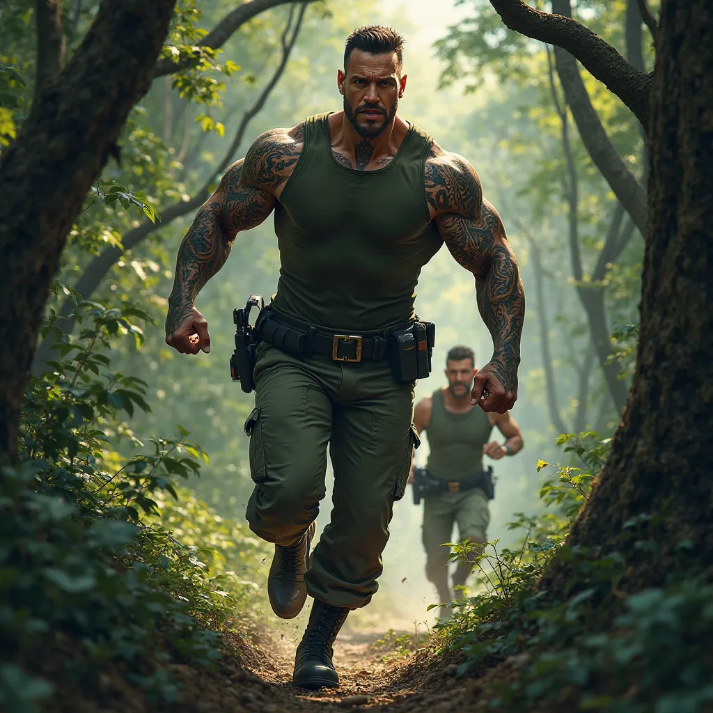  tall man, strong and muscular, his arms full of tattoos peek out of his neck,  military dress, Chase another man dressed in black through the trees. 