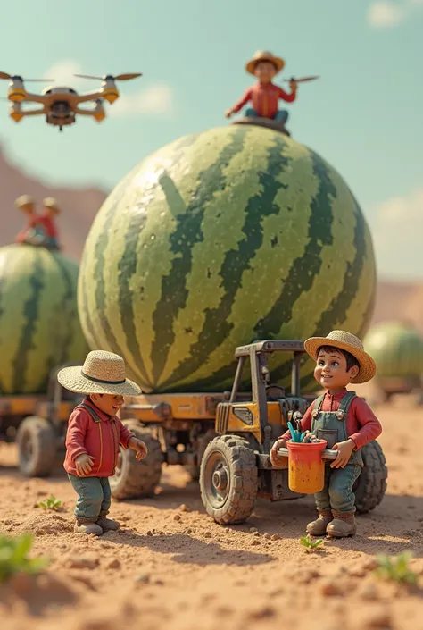 In a sandy desert farm, miniature farmers with sun hats are struggling to roll massive watermelons onto tiny reinforced carts. A group of workers uses miniature forklifts to lift watermelons onto a floating hovercraft platform for transport. Some farmers t...