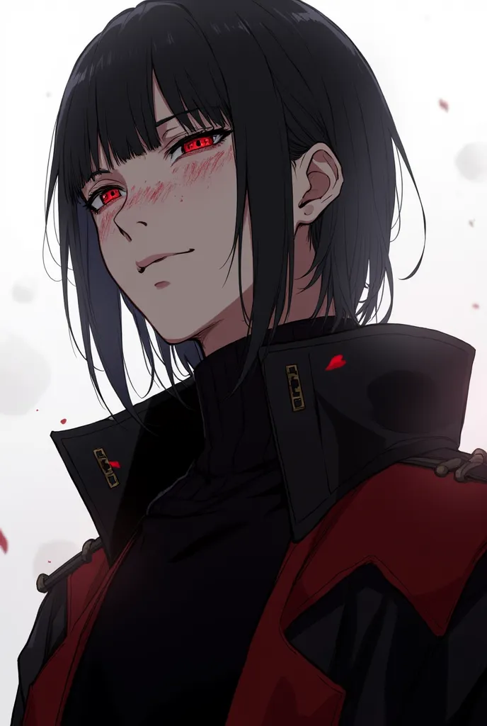 man, He has dark hair, very black and a bit messy and a bit large in size, He wears a black and red overcoat, all his clothes and so the character is cool, He looks sick (black soot under the eyes and on the neck and red spots on his face,Does he have blac...