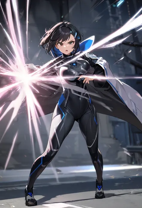  1 girl, white and black full body bodysuit, big jacket, standing, Complicated clothes,, A familiar face, black short hair、Light blue hairpin、 Fighting Poses 