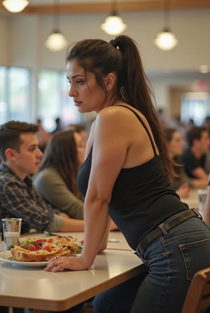 In a crowded cafeteria, a massive ass, huge breasts, voluptuous pawg plus-sized 30-year-old white waitress with dark brown slickback ponytail , dressed in a low-cut tank top and jeans, leans seductively over a student's desk