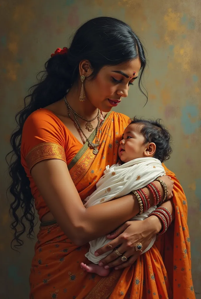 A Indian woman in a beautifully draped sari, holding a baby, with a look of determination and warmth, symbolizing her new role.