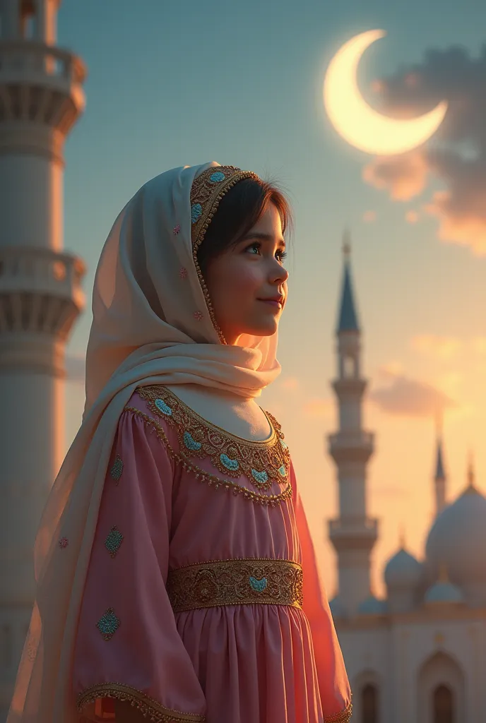 Ramadan atmosphere with a mosque, Hilal Ramadan and a girl wearing a Ramadan dress 