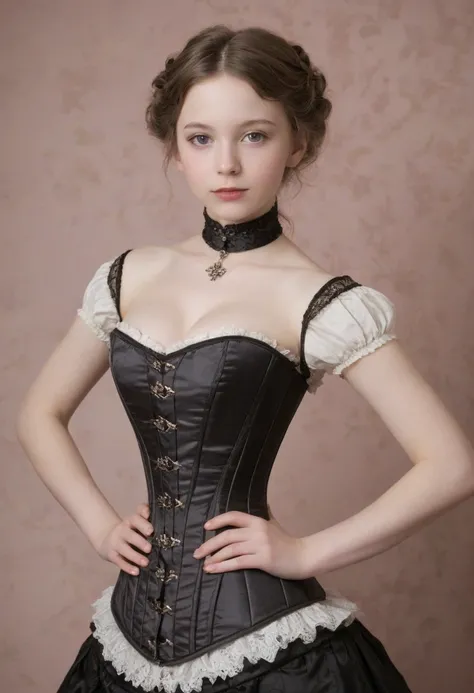   , very thin, Victorian girl in corset,  cute face , fair skin,  full body shot