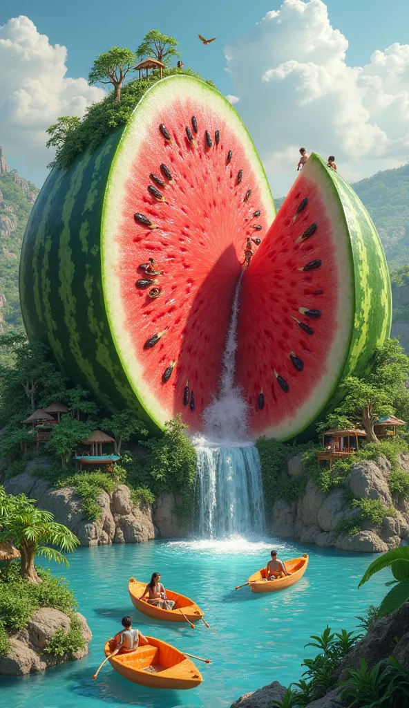 "A giant watermelon slice stands like a mountain, with red juice flowing like a tiny waterfall into a clear blue lake. Tiny people are using orange peel boats to float on the lake, while others are climbing the watermelon using small ladders. The green rin...