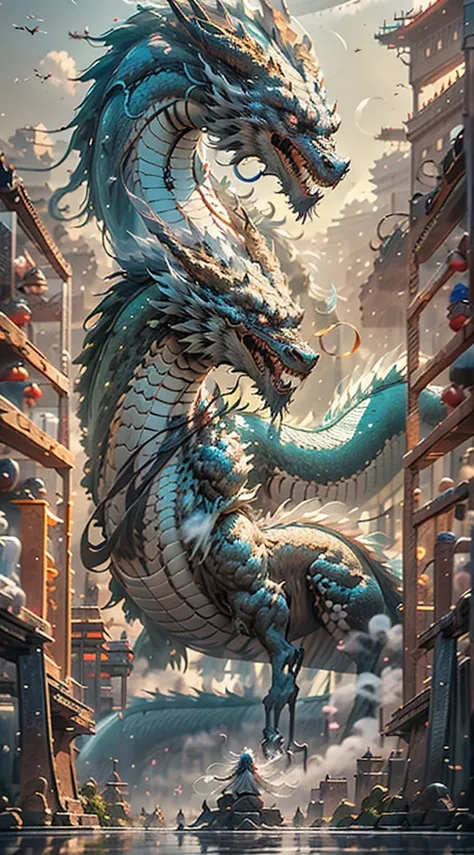 China's white dragon soared into the sky，（Girl who controls dragon：1.3），（The girl is turning her back to the camera：1.3）， Sky clouds surround the surroundings， light magic ， Amazing Backdrop ，Meaning background，Ridiculous Background，there is an artistic su...