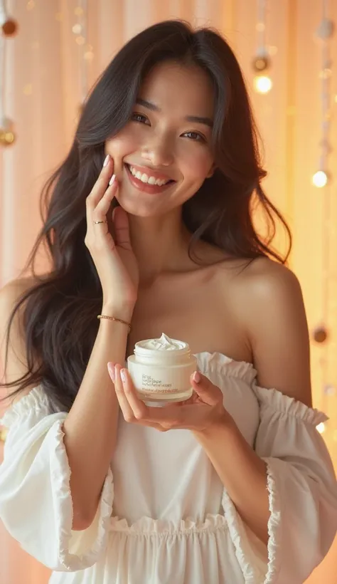 A stunning young woman with long, silky black hair and flawless, radiant skin stands elegantly in a luxurious, softly lit studio. She holds a premium face wash cream jar delicately in her hands, gazing at the camera with a confident, radiant smile. Dressed...