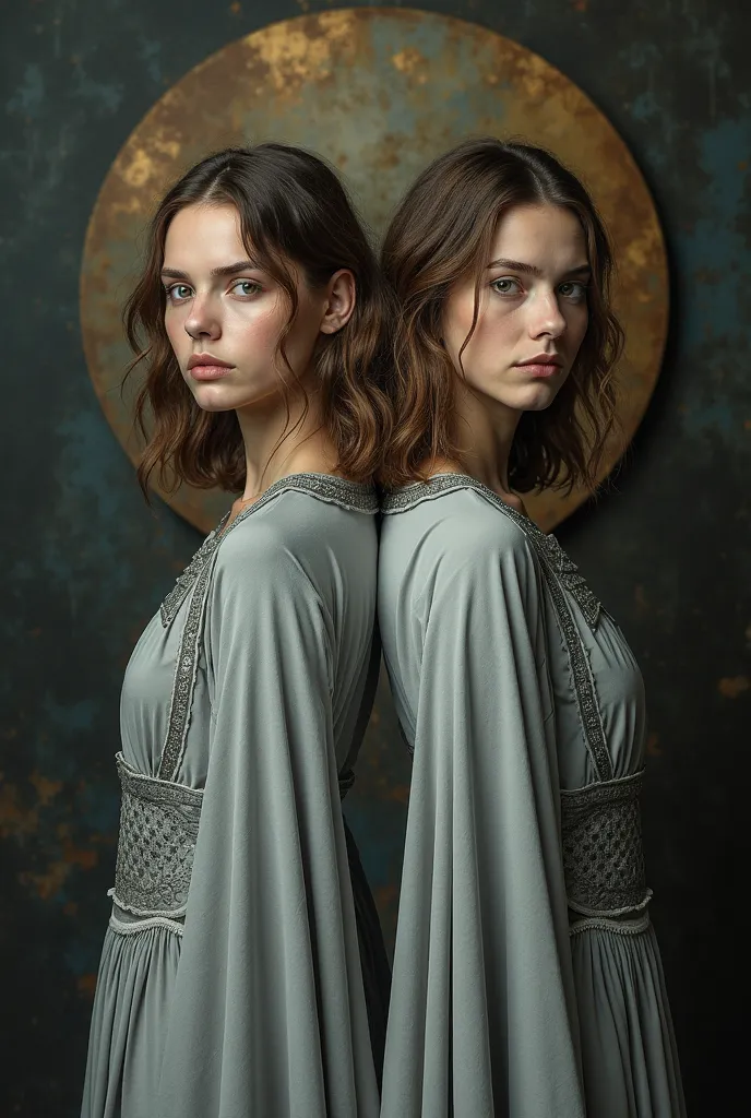 Two young women, are positioned  close their back together, side-by-side, in a studio portrait. Both women have shoulder-length, wavy, light brown hair. She is wearing a long, flowing, light gray robe or cloak with intricate, detailed. Their facial express...