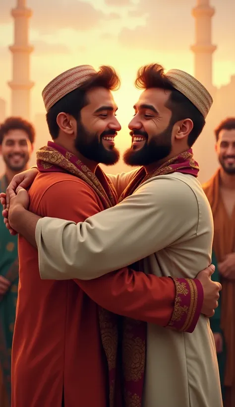 Eid celebration, two men (Muhammad Sadiq and Hassan) hugging each other, smiles on their faces, festive atmosphere, family in the background, colorful traditional clothes, joyful mood, digital painting, 4K resolution."