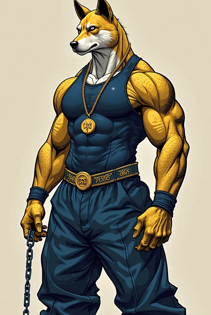 vector image: a muscular man with dark yellow and white skin wearing a navy blue tank top and navy blue hiphop style baggy pants, pitbull face, gold chain is a pendant with the letters CGA, in one hand he wears a chain, he wears white sneakers