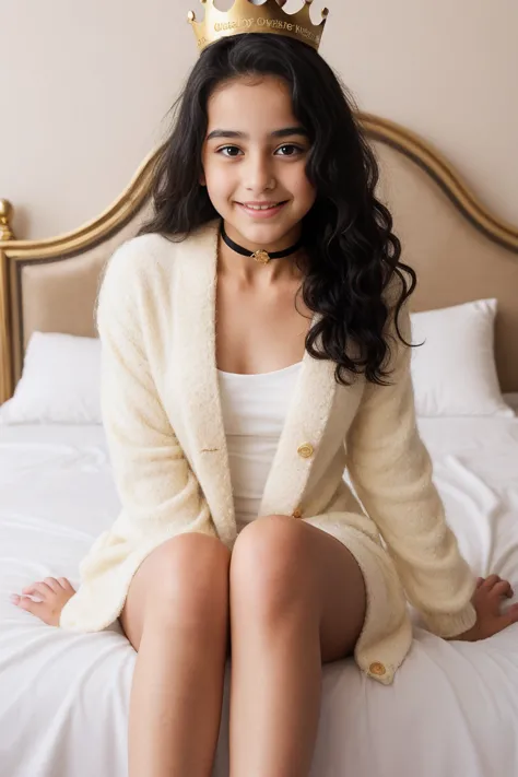 adorable ten years old Qatar girl, shy and sweet, princes face, blushing, brown eyes, very long curly black hair, golden crown on her head, happy, open white fluffy wool cardigan, golden choker, pretty legs, smooth wet skin, sitting on a silk bed, front vi...