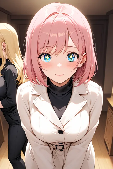 ((((  masterpiece)))), (((( Top Quality)))),  Hi-Res,fine grain, detailed faces,2 girls completely naked,(,Blonde(((long hair))),),(adult woman, pink hair short hair,white coat,black shirt, black pants ,), sparkling eyes,play,Stand side by side,anime,