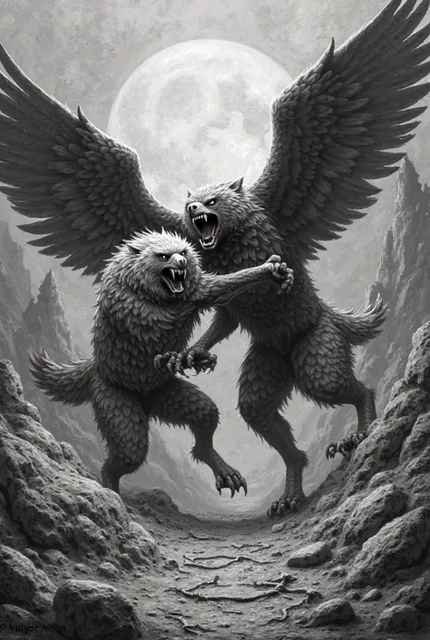 I want a black and white bas-relief image with an apocalyptic landscape in which an angry and aggressive wolf and an aggressive and angry eagle will appear in attack.