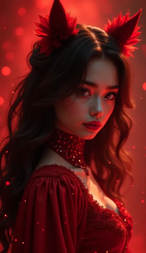 Ultra realistic girl with good body, who is a little chubby and beautiful, pretty face and facial features, well dressed in elegant fabric, with red eyes and a red horse with a dark and mysterious atmosphere, Deep down that no one pure evil, With sparkles ...