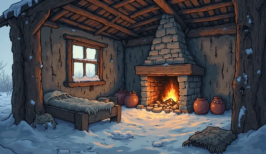 A small wooden and mud-brick hut, barely holding against the freezing cold. A dimly lit fireplace is the only source of warmth inside. The walls have visible cracks, and frost has settled at the edges of the windows. A wooden cot, clay pots, and a worn-out...