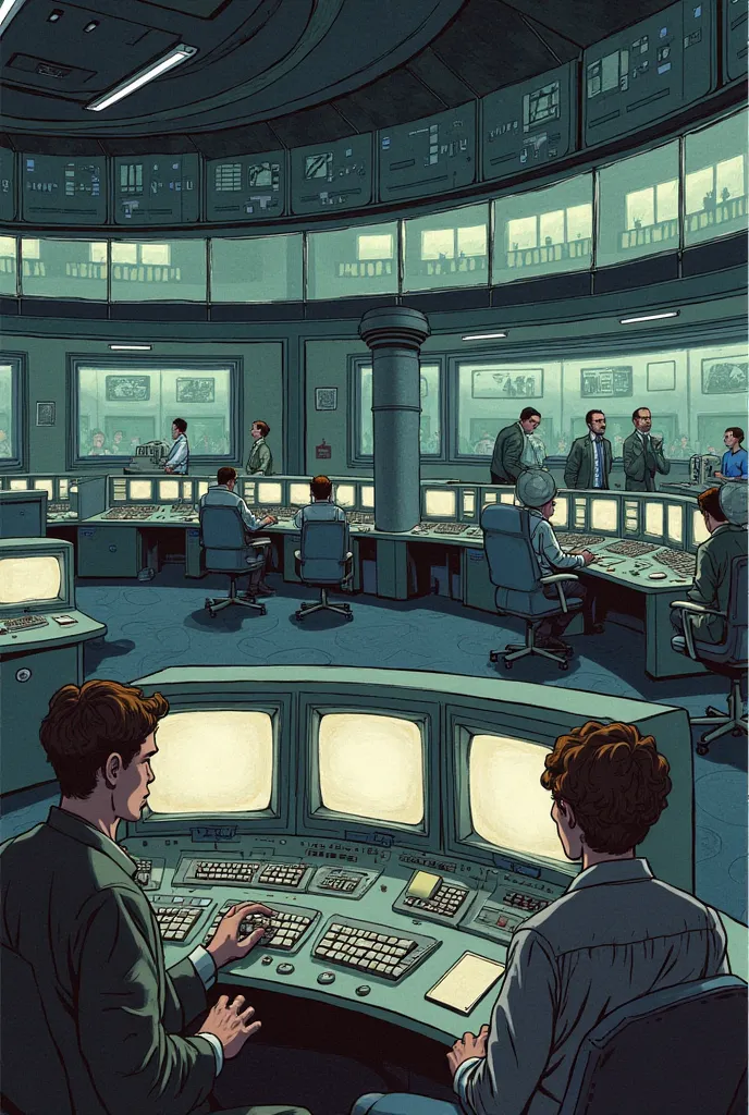 vigg. 1 and 2 on a single strip.
vig. 1:  Interior day . Control room of the Exagon ground base. sue Colman, seen
Say ¾, she is sitting in front of her terminal. Simon Grant, partly hidden by the terminal,
che è in p.p., is standing next to her, On his rig...