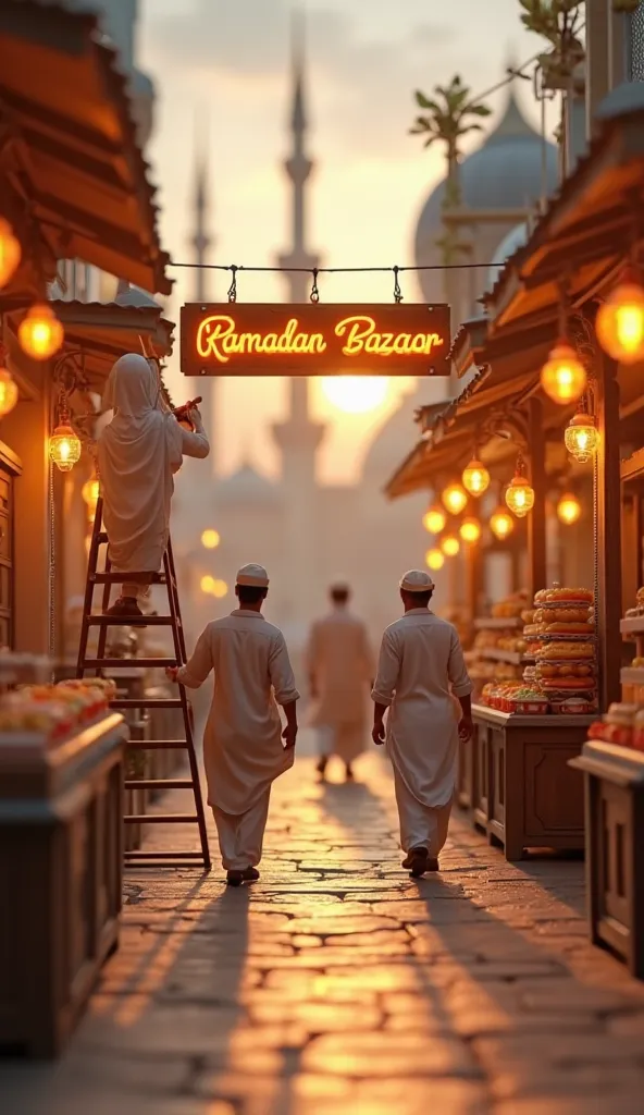 "Miniature workers in traditional Ramadan attire (small kurtas, kufis, hijabs) arrive at the empty Ramadan Bazaar. They carry tiny crates filled with iftar items like dates, samosas, and sweets. One worker climbs a tiny ladder to hang a glowing 'Ramadan Ba...