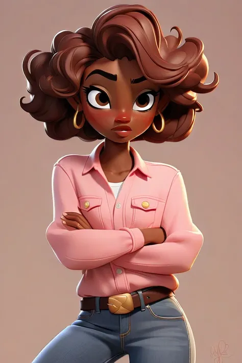 Cartoon style character drawing with brown hair and brown skin. She is wearing a pink shirt and jeans. The character has a friendly expression and is in a relaxed pose, conveying a sense of trust and sympathy