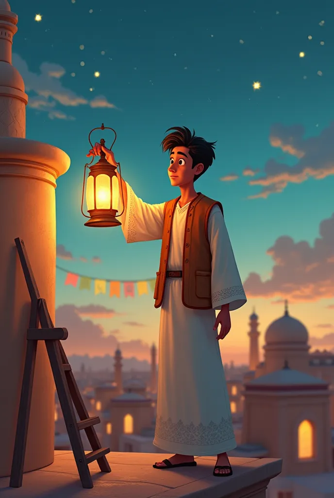 “In cartoon A young man in traditional Ramadan attire with an open vest stands on the rooftop of an Arabic-style home. He is focused as he extends his hand to light a lantern with a lighter. The lantern emits a warm glow, illuminating his face and hands. A...