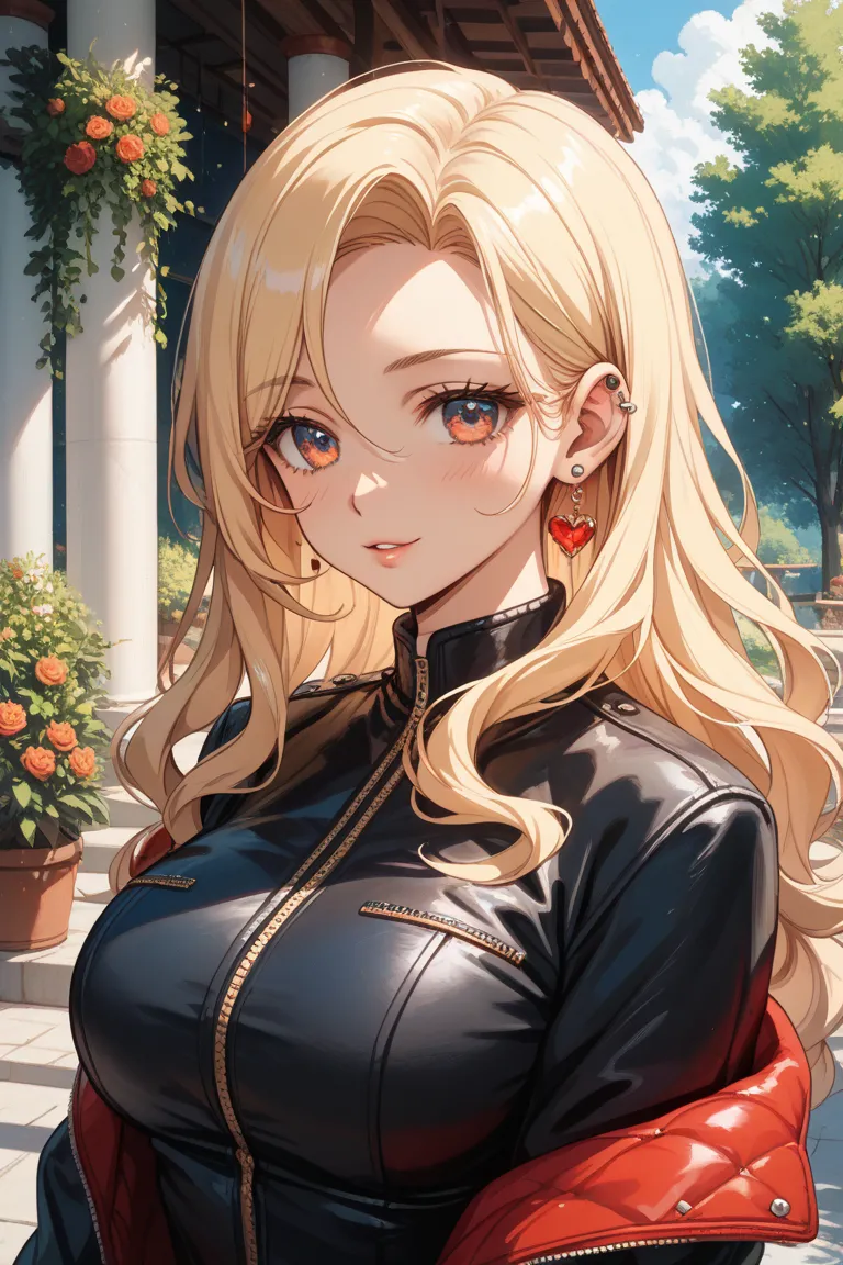 long blonde perm, red piercing, black jacket, big breasts, gentle anime style