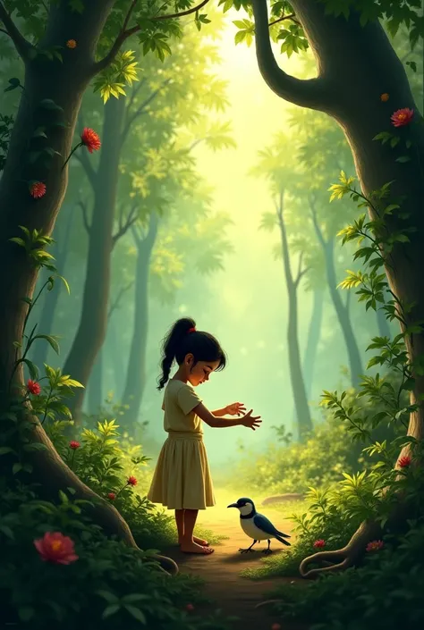 A magical dense forest with sunlight filtering through the trees. A young girl, Nandini, wearing simple clothes, gently picks up a small injured bird from the forest floor."