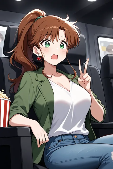 1 girl, obra maestra, mejor calidad, LONg hair, Brown hair, green eyes, ponytail hairstyle, medium boobs, rose earrings, red earrngs, hair accessory, Kino Makoto, INSIde EMPTY MOviE THEATRE, SITTInG ON MOVIE THEATRE CHAIR, BLUE JEAnS, WATCHING MOVIE, HOLDI...