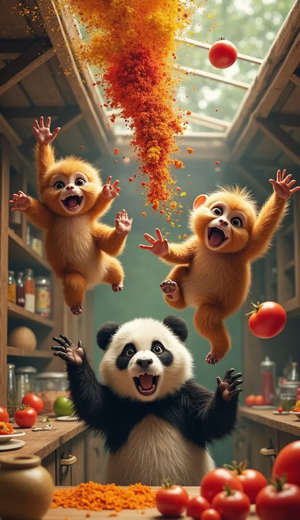 Two lively, golden-furred monkeys with expressive faces swing from the wooden beams of the treehouse kitchen. One monkey accidentally knocks over a spice rack, sending colorful spices into the air, creating a dramatic cloud of reds, yellows, and oranges. T...