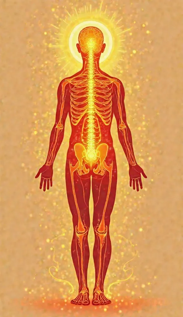 An illustration of a human body in an anatomical style, where the energy of the sacral chakra is represented as patterns of orange light flowing through the joints and along the spine. The energy lines create a sense of continuous movement, as if energy we...