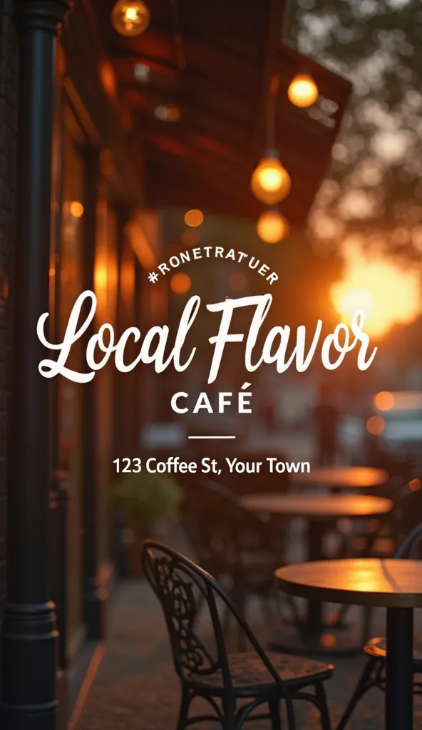 A stylish final shot of a cozy café exterior at golden hour, a sleek ‘Local Flavor Café’ logo in elegant typography centered on screen, address text in clean font below (e.g., '123 Coffee St, Your Town'), warm sunset tones, subtle coffee bean accents in th...