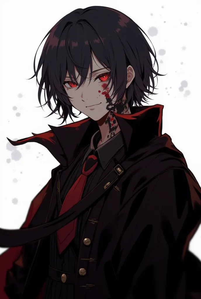 man, He has dark hair, very black and a bit messy and a bit large in size, He wears a black and red overcoat, all his clothes and so the character is cool, He looks sick (black soot under the eyes and on the neck and red spots on his face,Does he have blac...