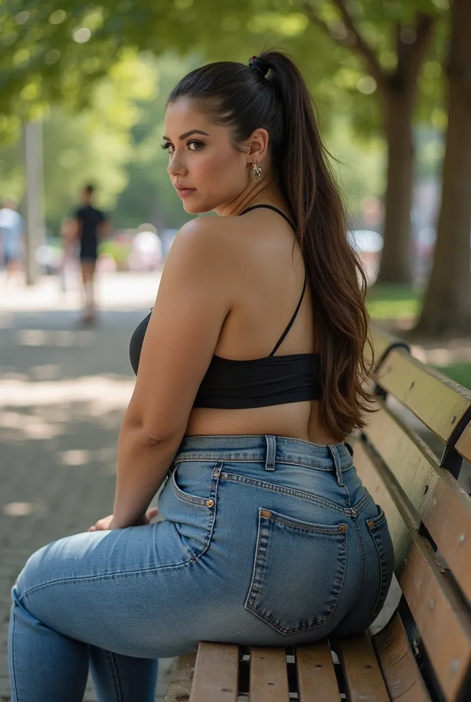 In a crowded park, at the afternoon, a massive ass voluptuous pawg plus-sized 30-year-old white waitress with dark brown slickback ponytail , dressed in a low-cut tank top and jeans, sits seductively on a bench