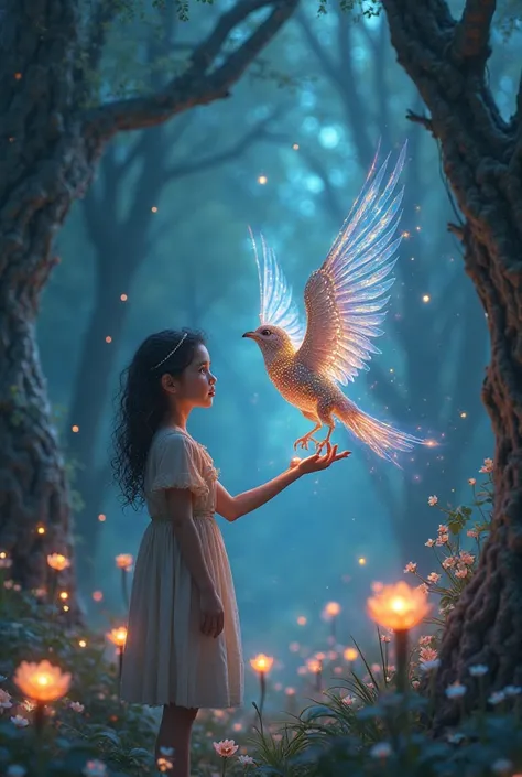 A glowing bird with magical shimmering feathers sits on a young girl's hand, speaking to her in an enchanted forest filled with glowing flowers."