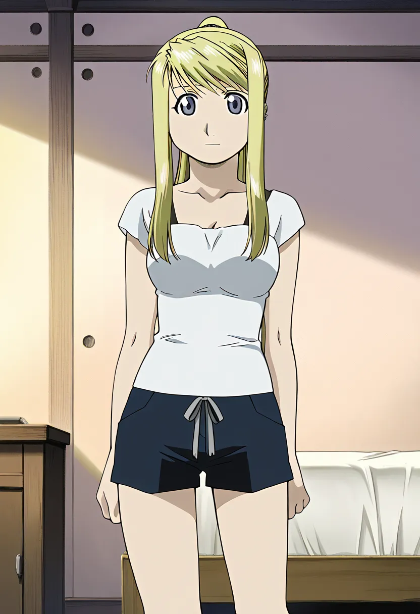 masterpiece,best quality,official art,wallpaper,absurdres, beautiful detailed face,detailed texture,detailed skin,detailed BREAK 1girl,Fullmetal Alchemist,source_Fullmetal Alchemist,Winry Rockbell,shirt,shorts,room
