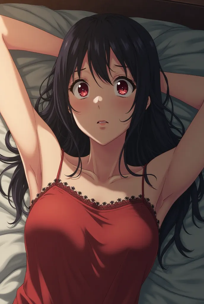 Kaguya Shinomiya from Kaguya-sama: Love Is War, wearing a casual, red tank top with thin spaghetti straps and lace trim along the neckline. She is laying on a bed in a room, looking over the ceiling with an empty expression, unhappy, with her both hands ch...