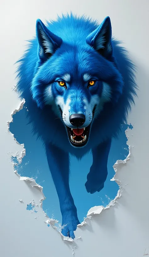 A blue wolf is painted on a sheet of paper. A big wolf comes out of paper, who seems to be stalking prey. 