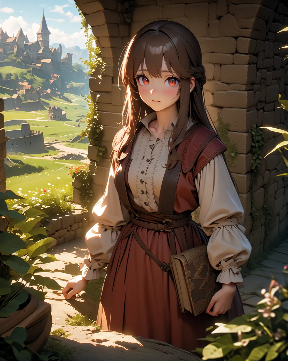 (Masterpiece:2, best quality), ultra-detailed,finely detail, Tudor period, medieval, Castle background, 1girl, solo, (18 years old:1.2), peasant, anime character,  detailed,  vibrant,  anime face,  sharp focus,  character design, unreal engine, defined lig...