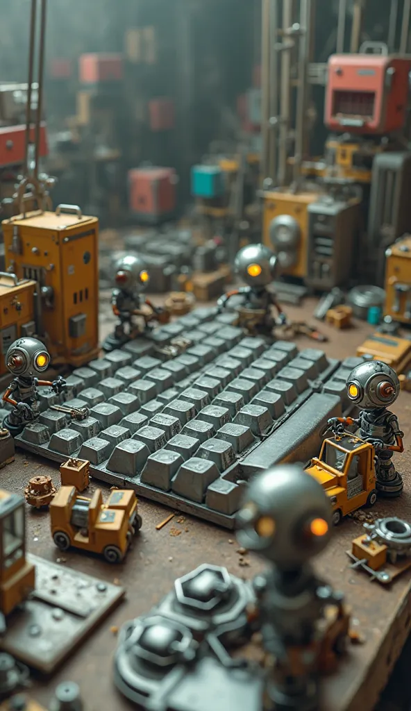 Keyboard Assembly Line" – Miniature robots assembling a massive computer keyboard, with tiny forklifts carrying oversized keys into place.