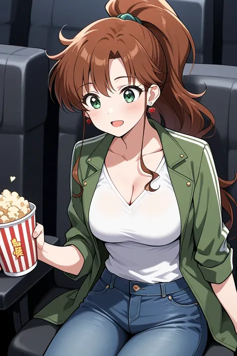 1 girl, obra maestra, mejor calidad, LONg hair, Brown hair, green eyes, ponytail hairstyle, medium boobs, rose earrings, red earrngs, hair accessory, Kino Makoto, INSIde EMPTY MOviE THEATRE, SITTInG ON MOVIE THEATRE CHAIR, BLUE JEAnS, WATCHING MOVIE, HOLDI...